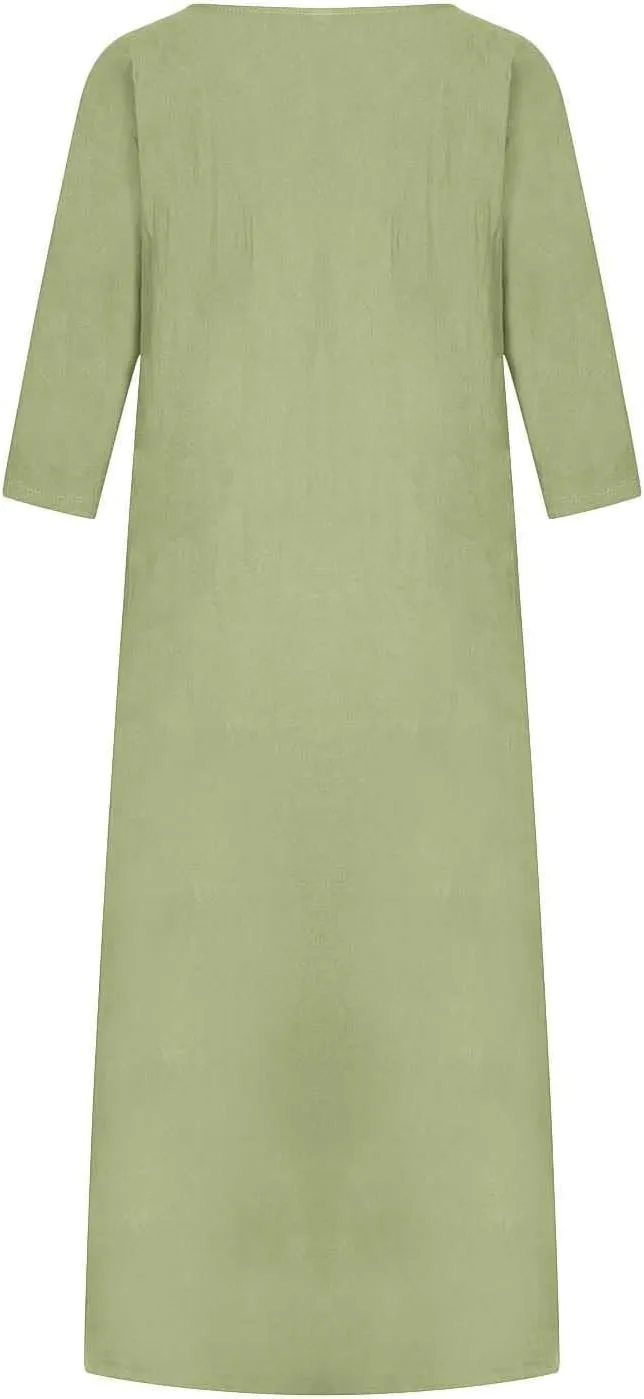 3/4 Sleeve Dress for Women Solid Loose Linen Dress Summer Maxi Dress Casual Holiday Dresses for Women