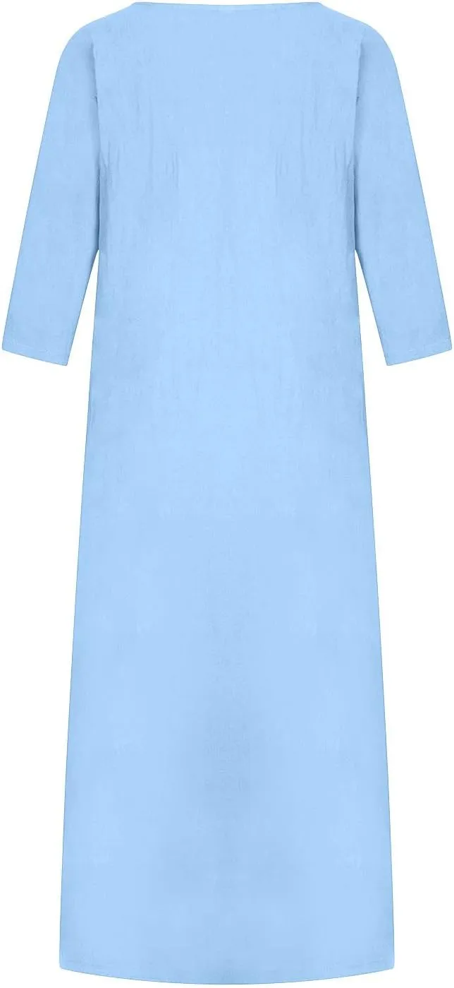 3/4 Sleeve Dress for Women Solid Loose Linen Dress Summer Maxi Dress Casual Holiday Dresses for Women