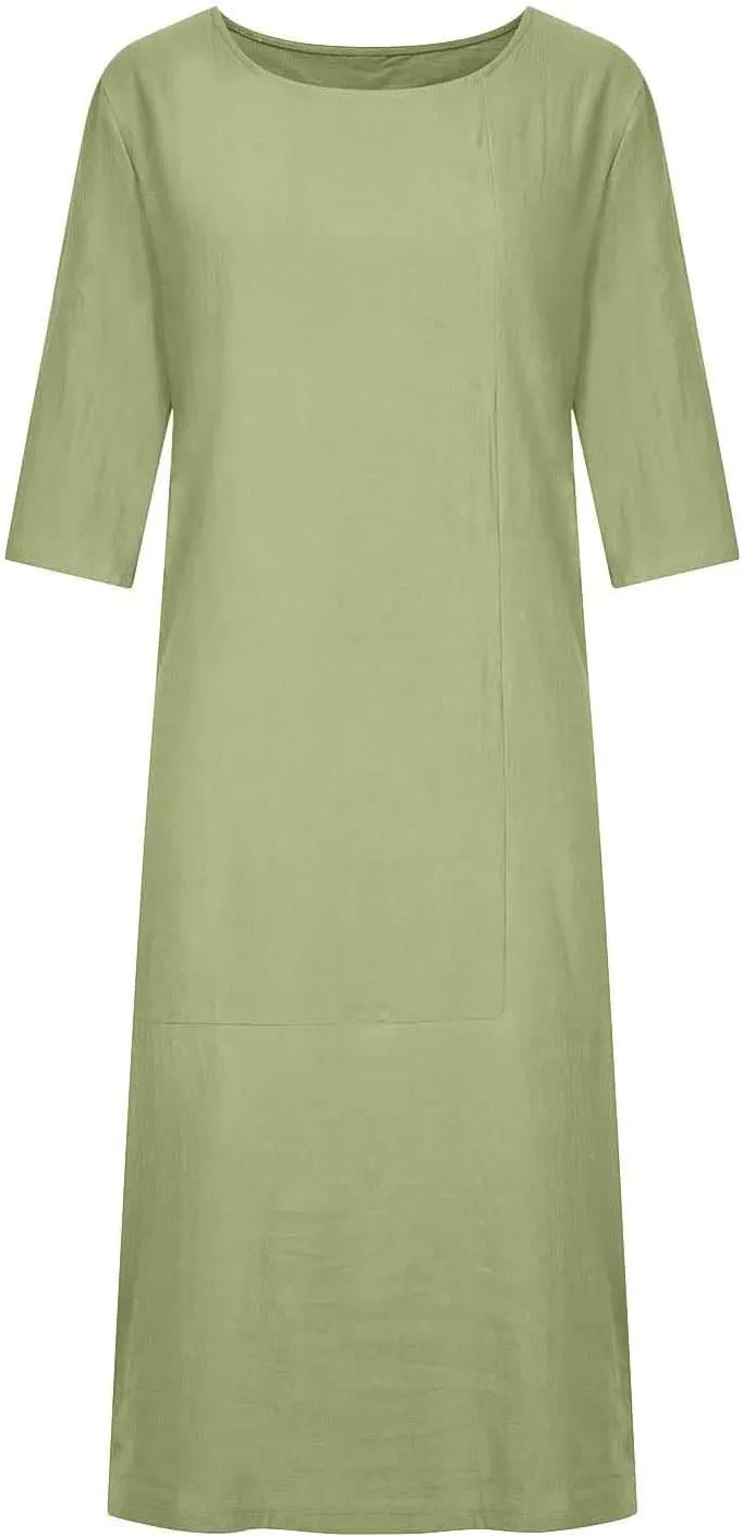 3/4 Sleeve Dress for Women Solid Loose Linen Dress Summer Maxi Dress Casual Holiday Dresses for Women