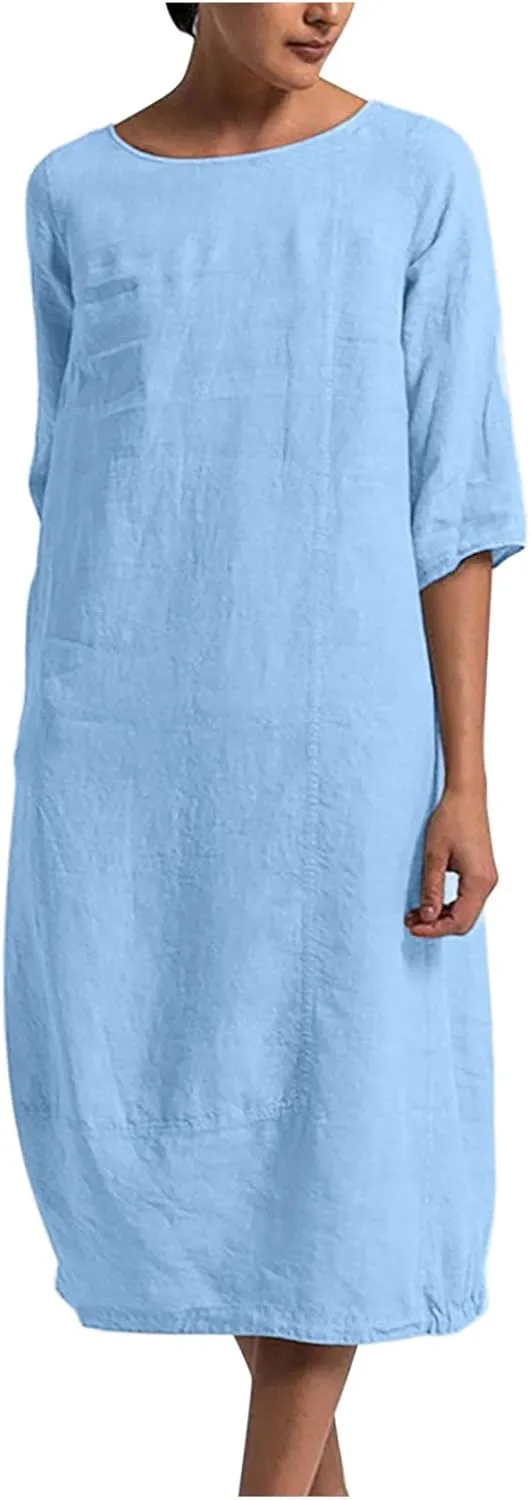 3/4 Sleeve Dress for Women Solid Loose Linen Dress Summer Maxi Dress Casual Holiday Dresses for Women