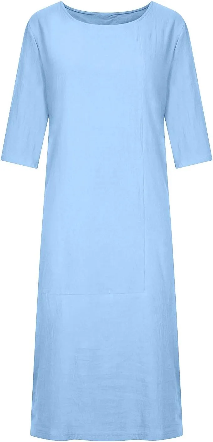 3/4 Sleeve Dress for Women Solid Loose Linen Dress Summer Maxi Dress Casual Holiday Dresses for Women