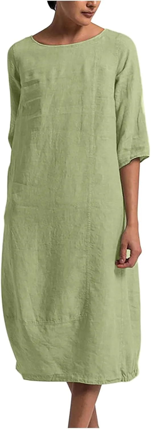 3/4 Sleeve Dress for Women Solid Loose Linen Dress Summer Maxi Dress Casual Holiday Dresses for Women