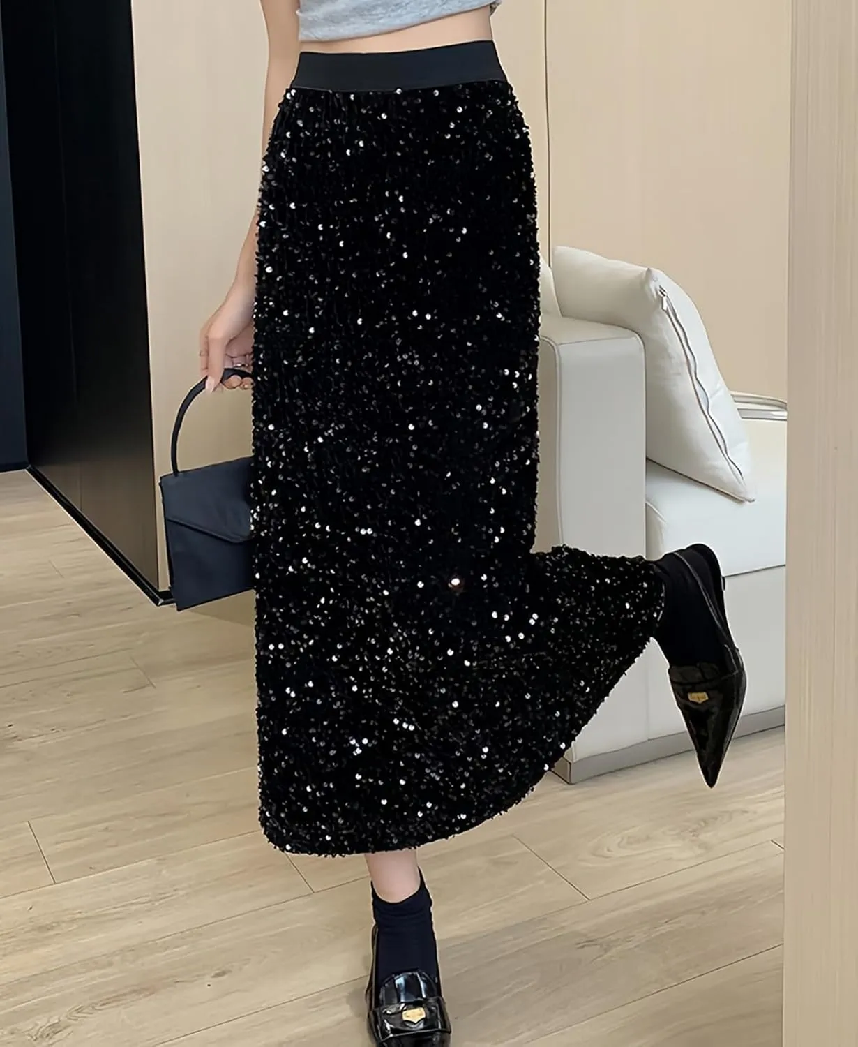 ADWAXDA Sparkly Skirt for Women, Elastic High Waist Sequin Maxi Skirt, Night Out Evening Party Cocktail Long Glitter Skirt