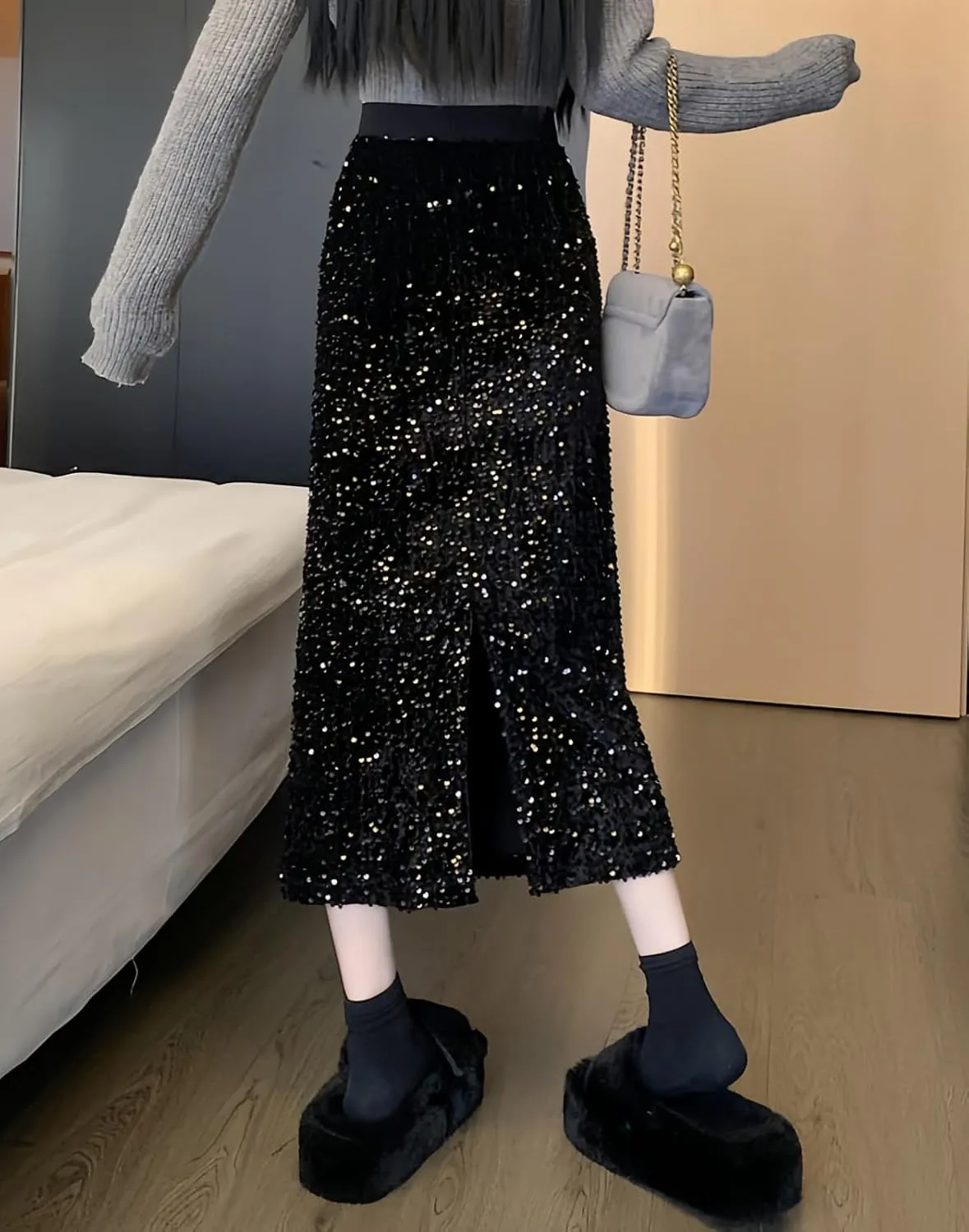 ADWAXDA Sparkly Skirt for Women, Elastic High Waist Sequin Maxi Skirt, Night Out Evening Party Cocktail Long Glitter Skirt