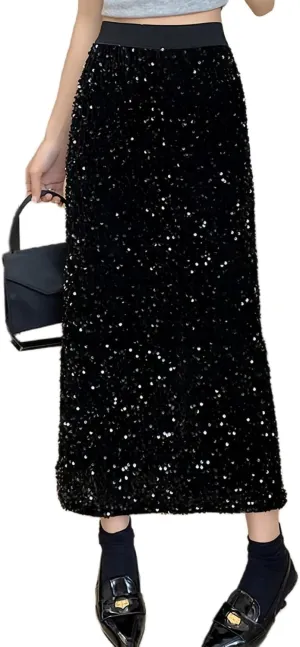 ADWAXDA Sparkly Skirt for Women, Elastic High Waist Sequin Maxi Skirt, Night Out Evening Party Cocktail Long Glitter Skirt
