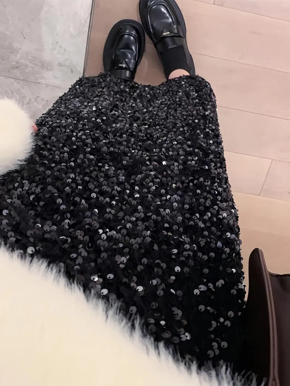 ADWAXDA Sparkly Skirt for Women, Elastic High Waist Sequin Maxi Skirt, Night Out Evening Party Cocktail Long Glitter Skirt