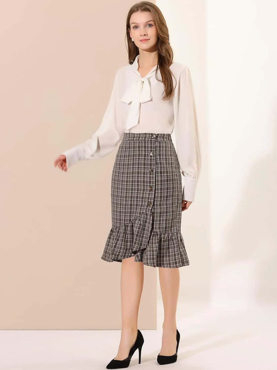 Allegra K Women's Plaid Asymmetric Fishtail Button Work Office Ruffle Pencil Skirt