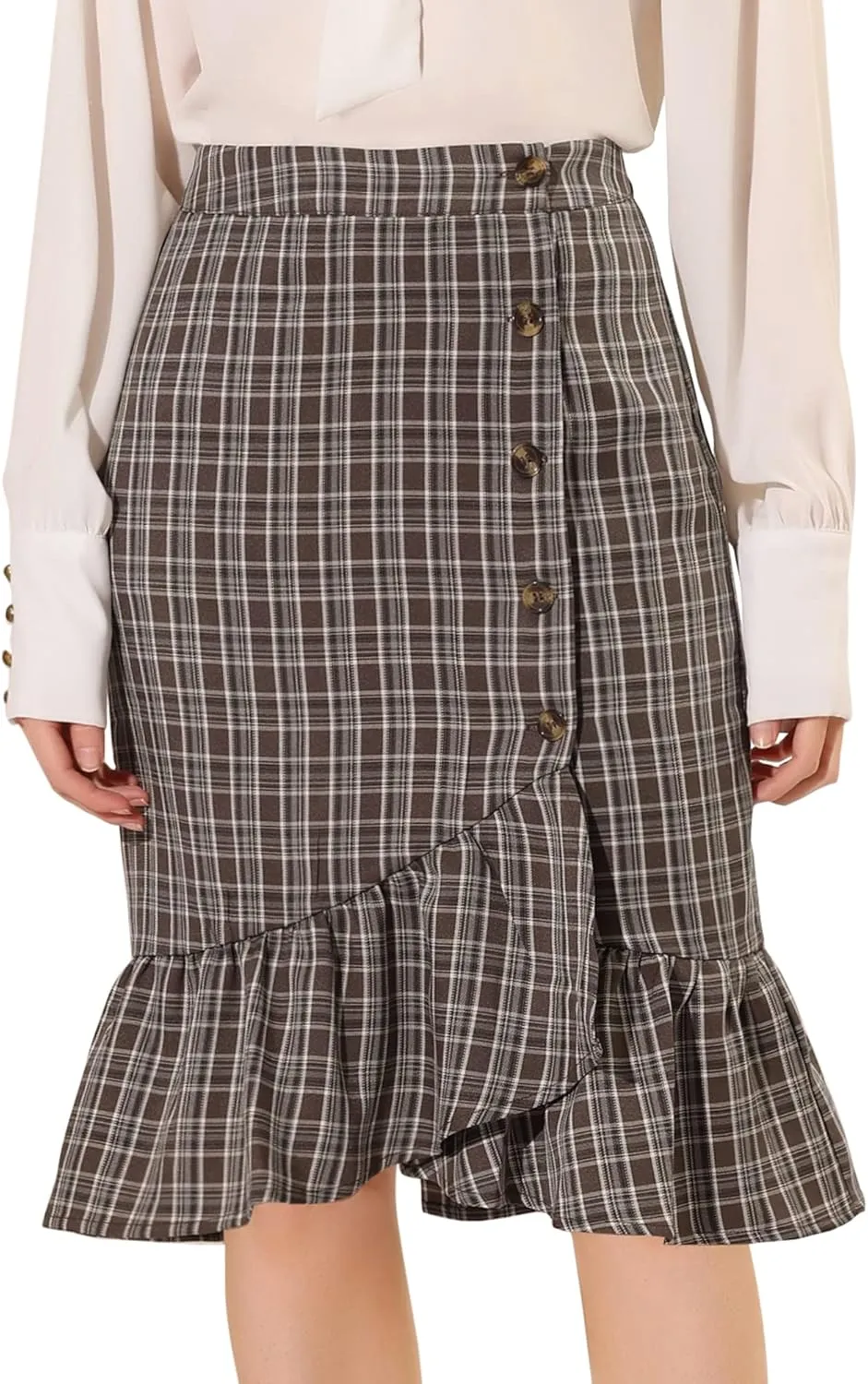 Allegra K Women's Plaid Asymmetric Fishtail Button Work Office Ruffle Pencil Skirt