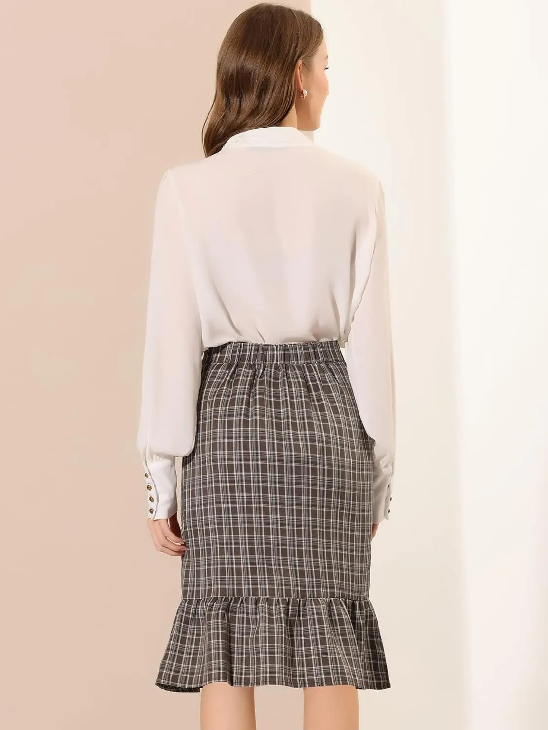 Allegra K Women's Plaid Asymmetric Fishtail Button Work Office Ruffle Pencil Skirt
