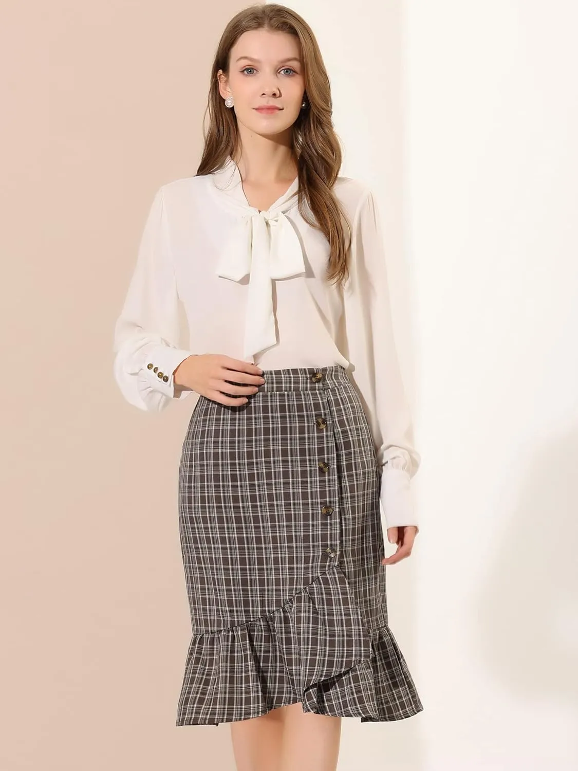 Allegra K Women's Plaid Asymmetric Fishtail Button Work Office Ruffle Pencil Skirt