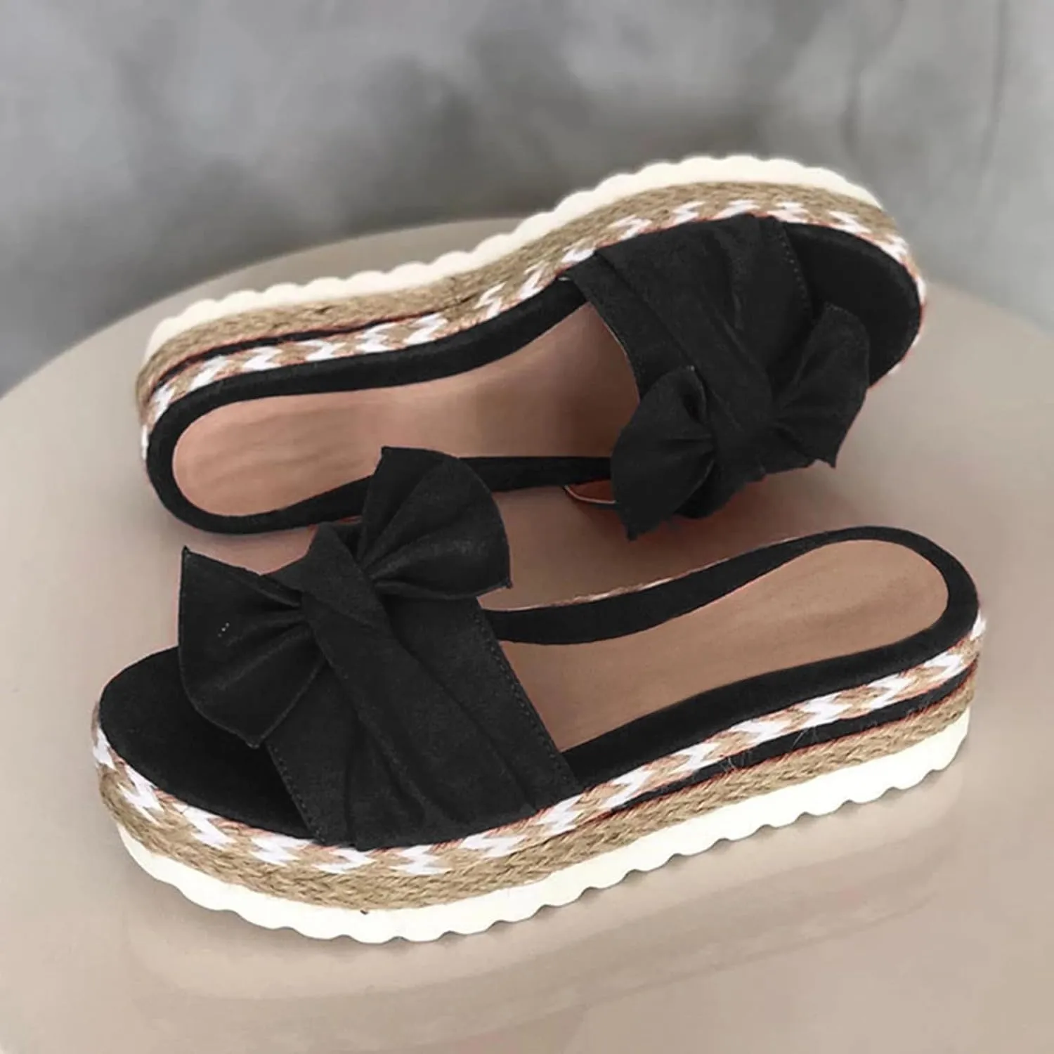 AMDBEL Summer Sandals for Women 2024 Trendy Low Wedge Platform Sandals with Bow Casual Peep Toe Espadrilles Flat Beach Sandal
