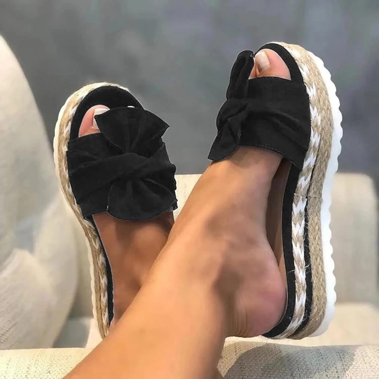 AMDBEL Summer Sandals for Women 2024 Trendy Low Wedge Platform Sandals with Bow Casual Peep Toe Espadrilles Flat Beach Sandal