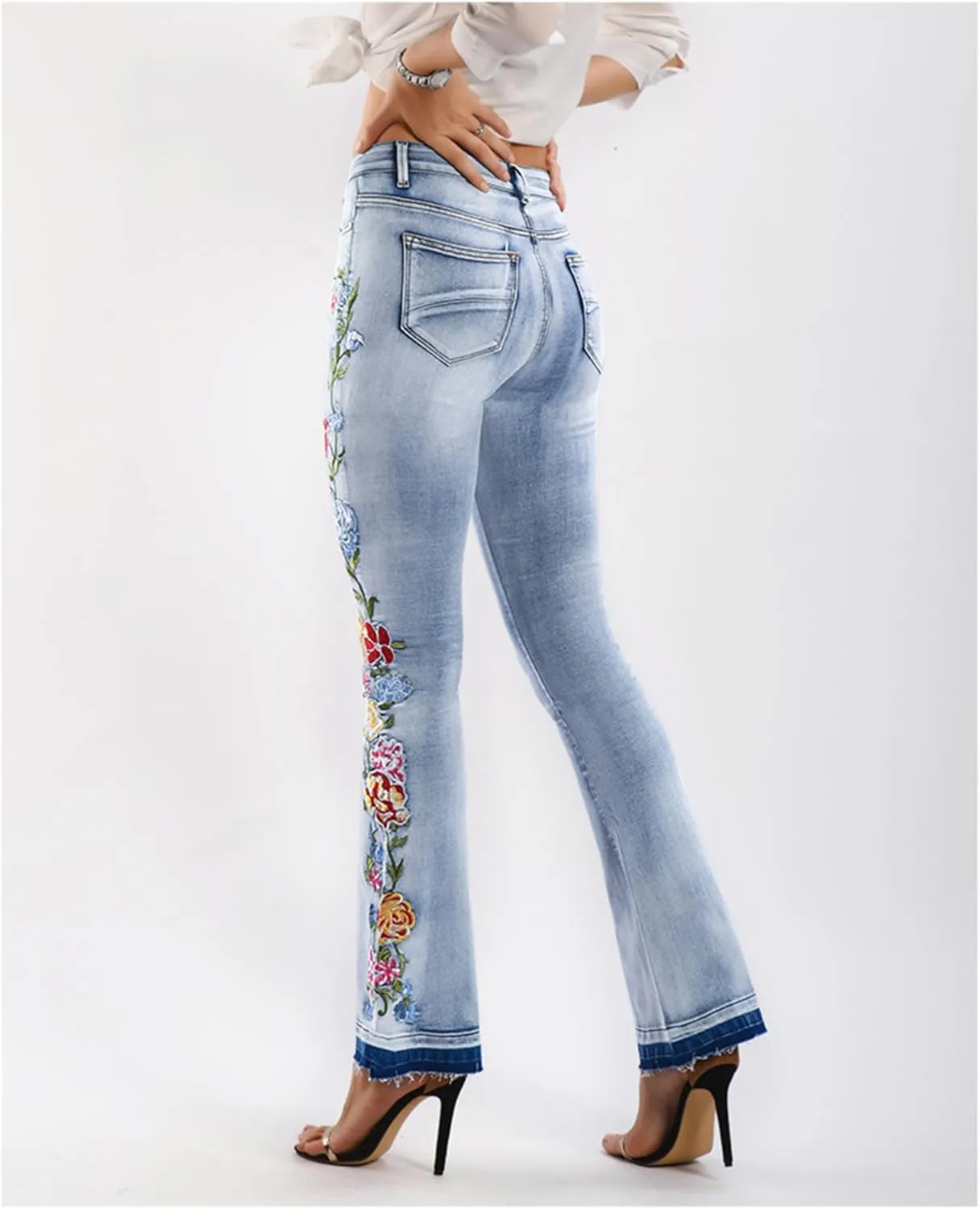 Andongnywell Women's Embroidered High Waist Skinny Fit Cropped Denim Pants Embroidery Jeans Trousers