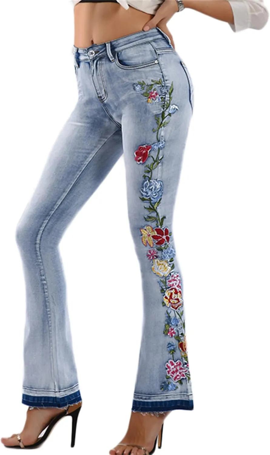 Andongnywell Women's Embroidered High Waist Skinny Fit Cropped Denim Pants Embroidery Jeans Trousers