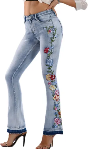 Andongnywell Women's Embroidered High Waist Skinny Fit Cropped Denim Pants Embroidery Jeans Trousers