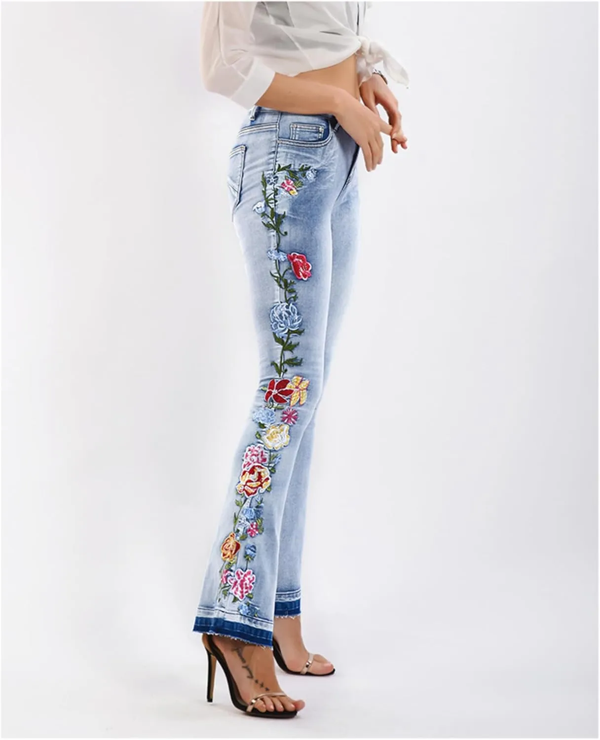 Andongnywell Women's Embroidered High Waist Skinny Fit Cropped Denim Pants Embroidery Jeans Trousers