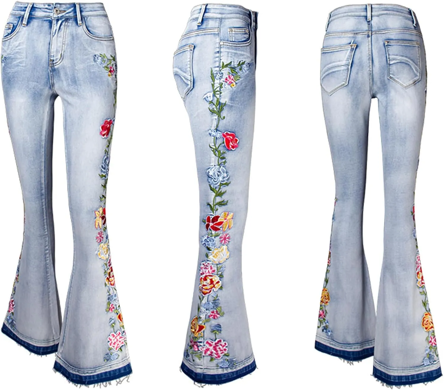 Andongnywell Women's Embroidered High Waist Skinny Fit Cropped Denim Pants Embroidery Jeans Trousers