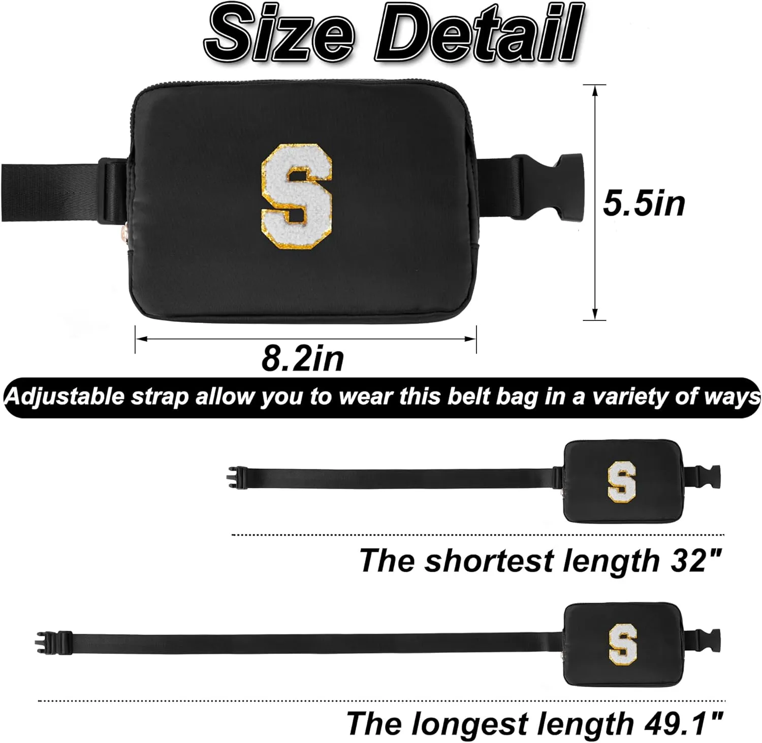 Belt Bag Crossbody Bags for Girls Women - Gifts for 8 9 10 11 12 13 Year Old Girl - Teen Birthday Gifts - Small Waist Packs Trendy Kids Fanny Pack - Initial White S,Black Bag