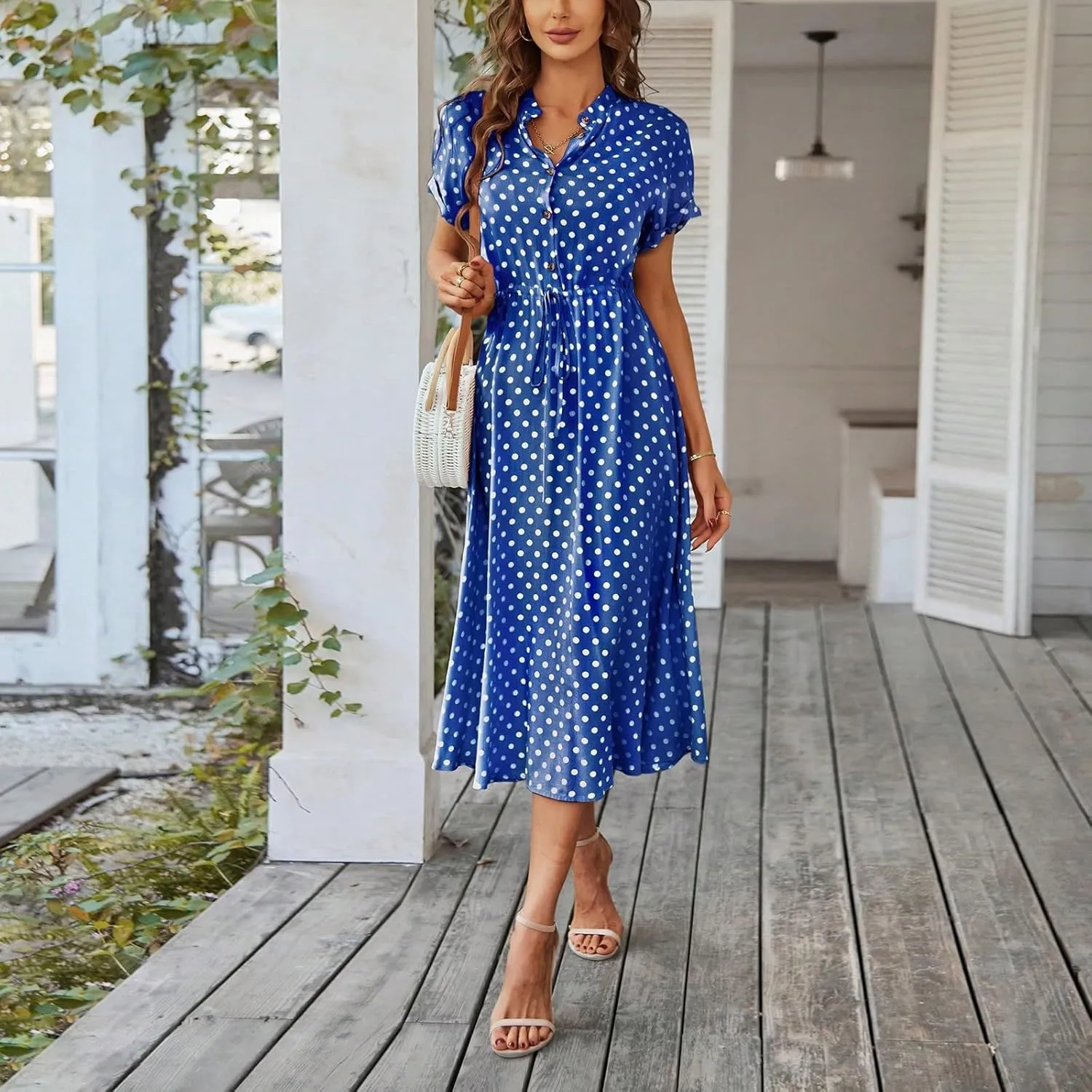 Boho Dresses for Women 2025 Summer Polka Dot Short Sleeve V Neck Button Down Midi Dresses Formal Long Dress