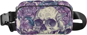 Bolaz Fanny Packs,Fashion Waist Pack Belt Bags for Women Men with Multi-Pockets Adjustable Belts,Skull and Purple Flowers, Workout/Running/Yoga/Shopping/Hiking