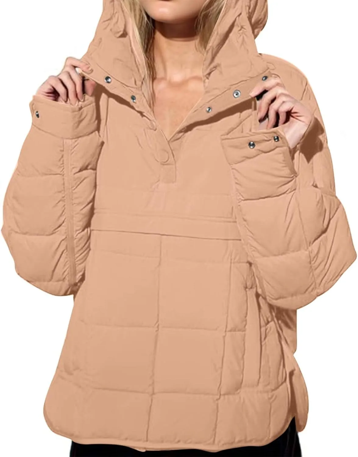 Borniu Women's Quilted Pullover Puffer Jacket Packable Hooded Oversize Winter Coat Tops Lightweight Down Jacket Outerwear