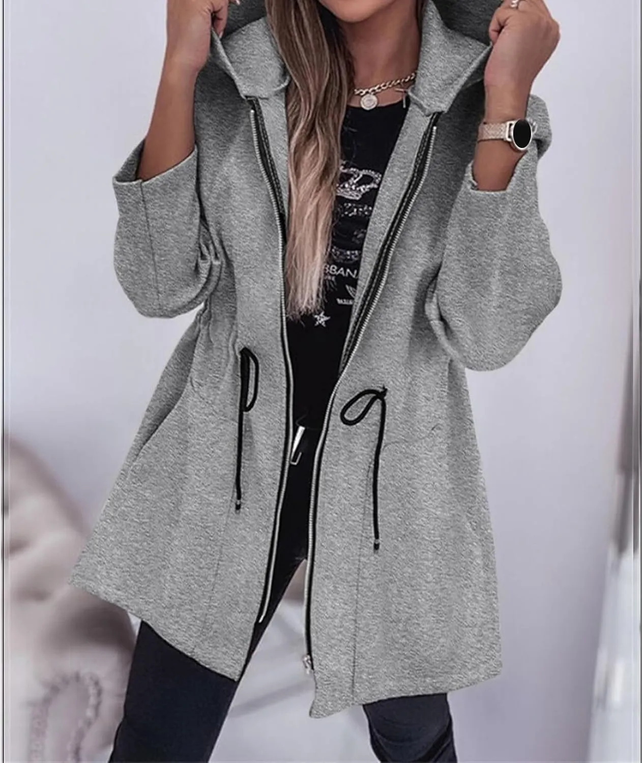 Canbebig Long Jackets for Women Fleece Zip Up Jackets Oversized Hooded Jackets Casual Drawstring Waist Sweatshirt with Pocket