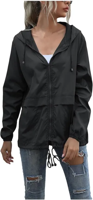 Canbebig Women's Raincoats Lightweight Zip Up Jackets Casual Hooded Jackets Waterproof Rain Jackets Windbreaker Jackets