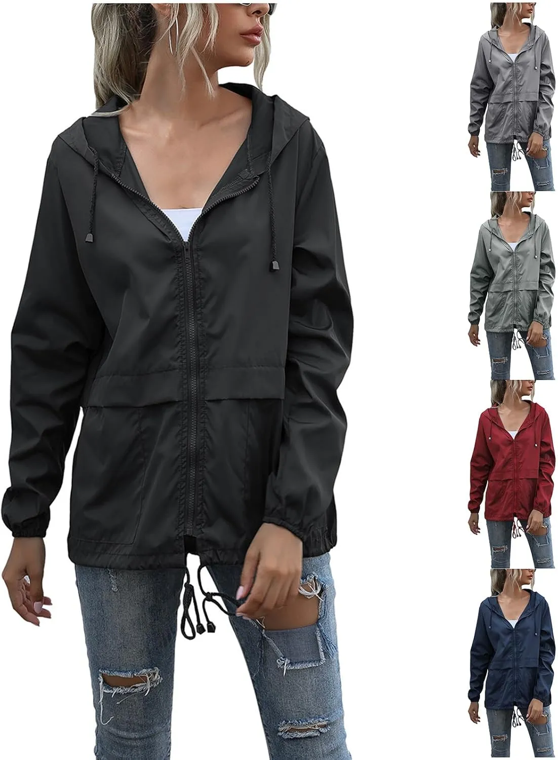 Canbebig Women's Raincoats Lightweight Zip Up Jackets Casual Hooded Jackets Waterproof Rain Jackets Windbreaker Jackets