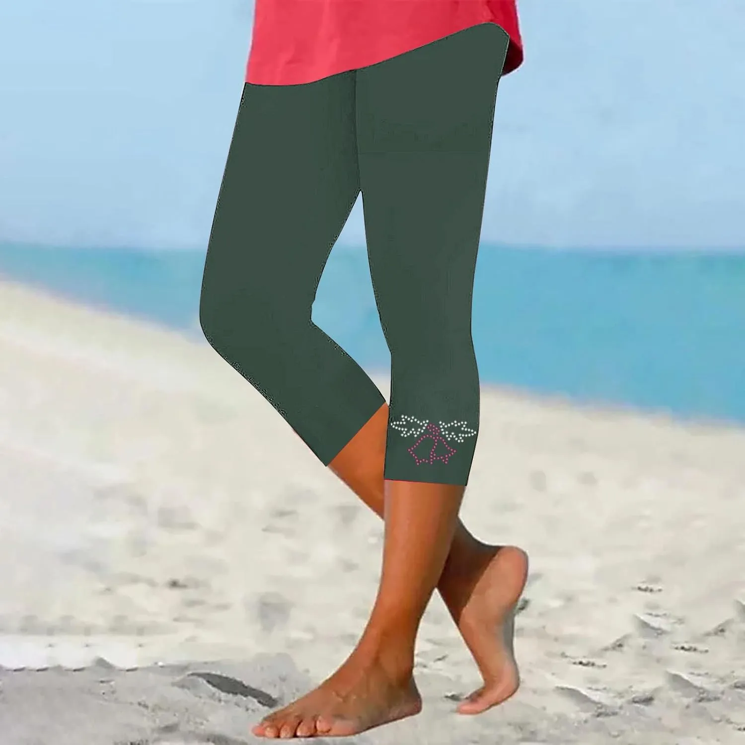 Capri Pants for Women Rhinestone Cropped Trousers Ladies 3/4 Length Leggings Summer Stretch Yoga Pant Bottoms