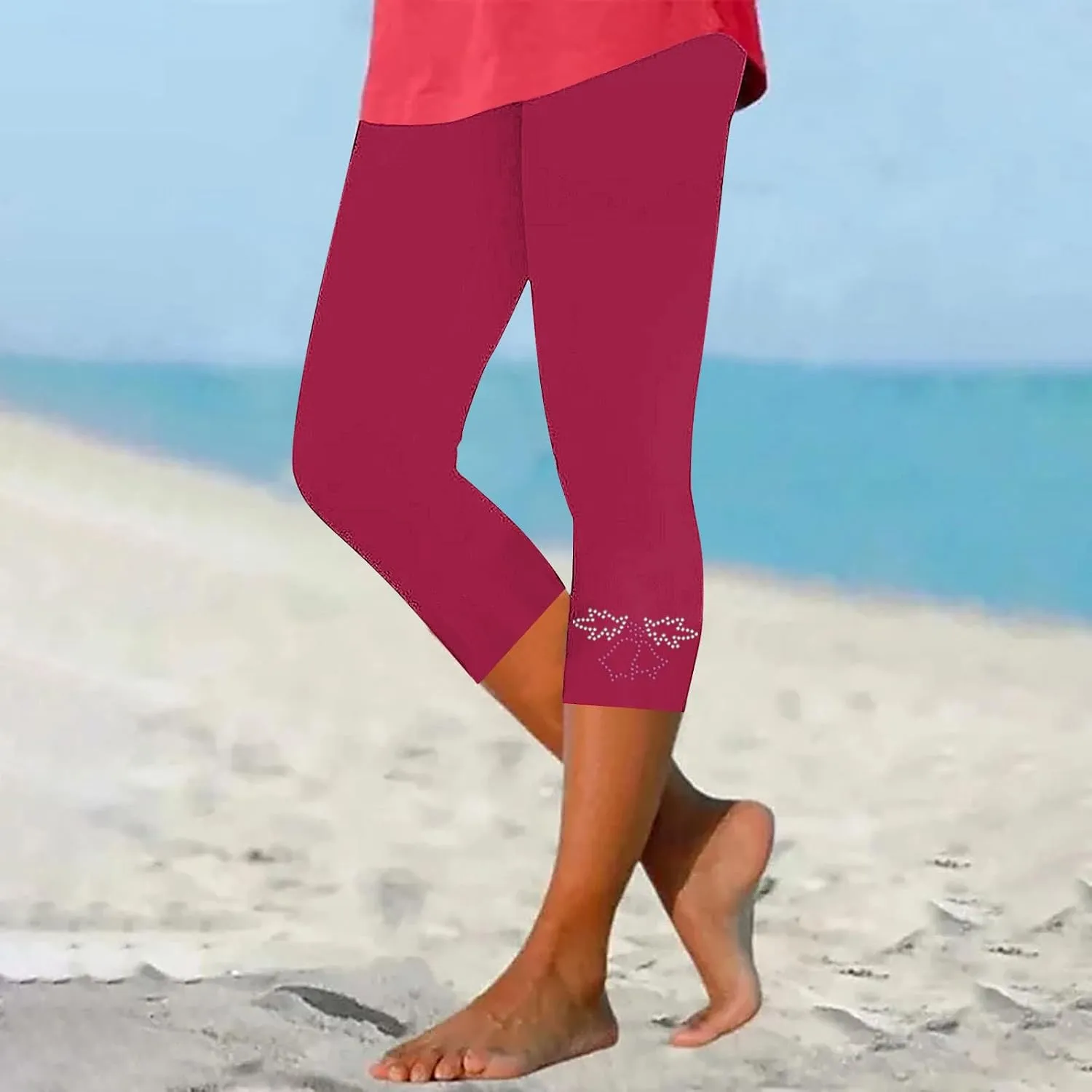 Capri Pants for Women Rhinestone Cropped Trousers Ladies 3/4 Length Leggings Summer Stretch Yoga Pant Bottoms