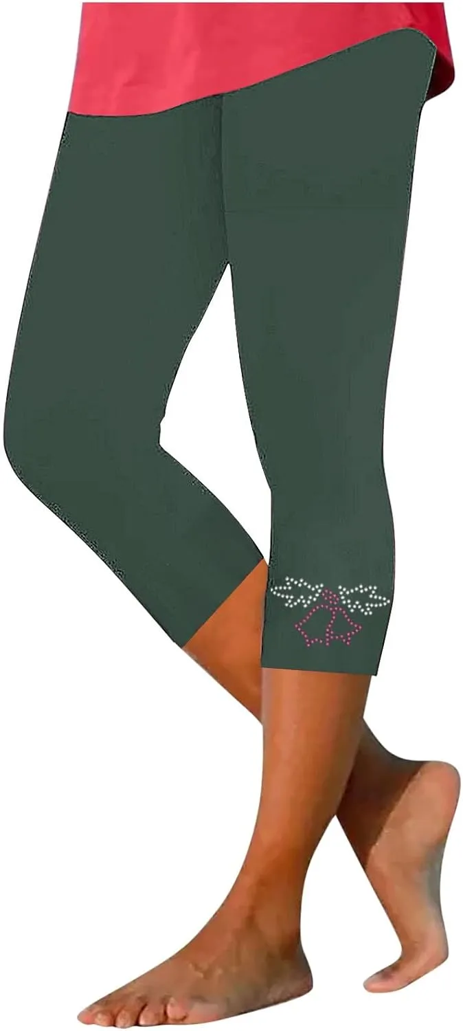 Capri Pants for Women Rhinestone Cropped Trousers Ladies 3/4 Length Leggings Summer Stretch Yoga Pant Bottoms