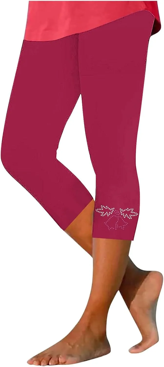 Capri Pants for Women Rhinestone Cropped Trousers Ladies 3/4 Length Leggings Summer Stretch Yoga Pant Bottoms