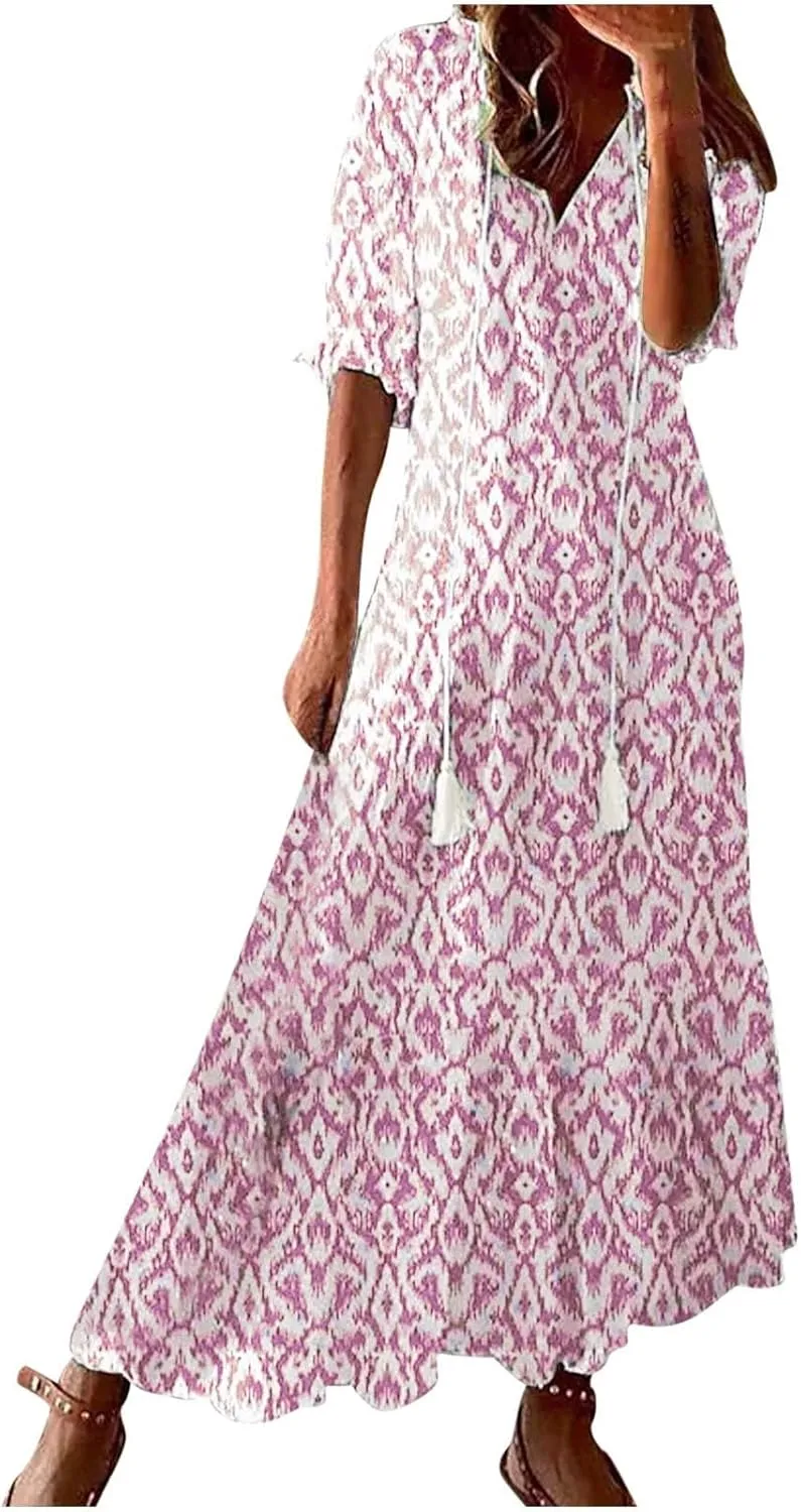 Casual Dresses for Women 2024 Short Sleeve Swiss Dot Maxi Dress Summer Fashion Short Sleeve Tiered Ruffle Long Dress