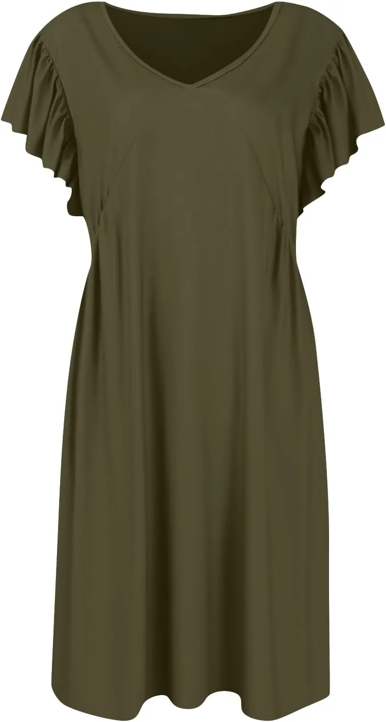 Casual Dresses for Women Ruffle Sleeve V Neck Empire Waist Short Tshirt Dress Flowy Summer Beach Vacation Sun Dresses