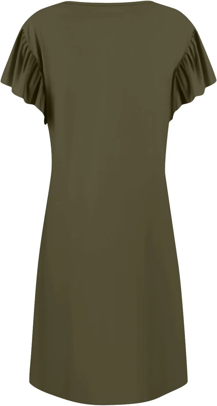 Casual Dresses for Women Ruffle Sleeve V Neck Empire Waist Short Tshirt Dress Flowy Summer Beach Vacation Sun Dresses