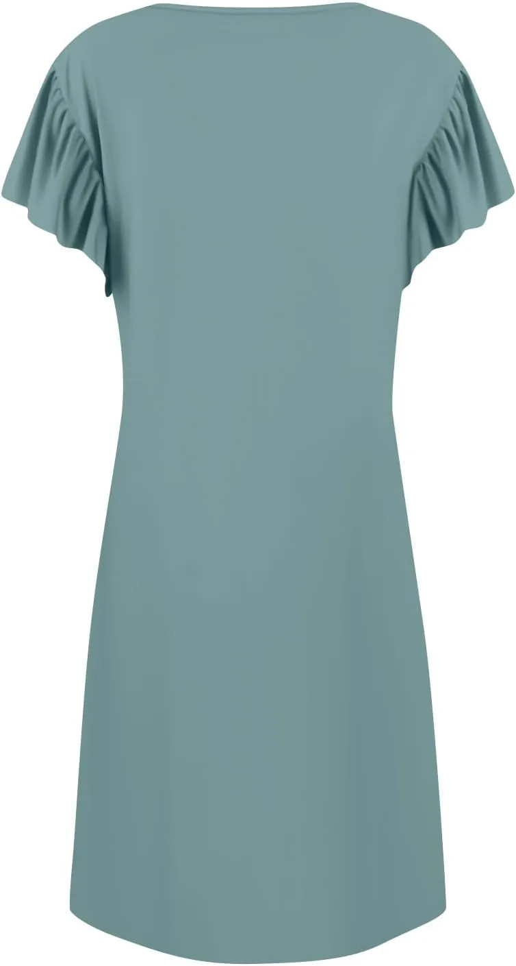 Casual Dresses for Women V Neck Ruffle Sleeve Empire Waist Short Tshirt Dress Flowy Summer Beach Vacation Sun Dresses