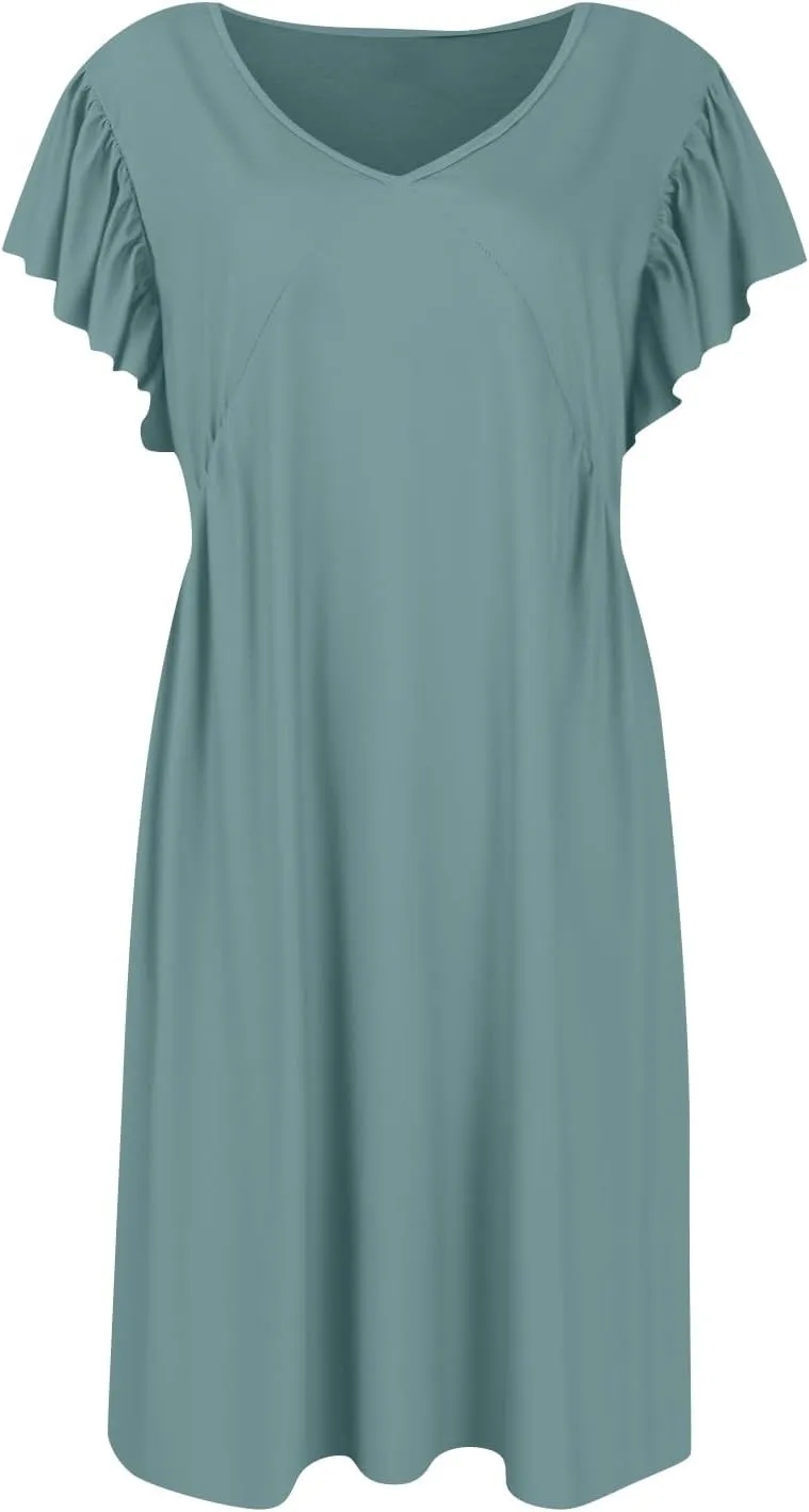 Casual Dresses for Women V Neck Ruffle Sleeve Empire Waist Short Tshirt Dress Flowy Summer Beach Vacation Sun Dresses