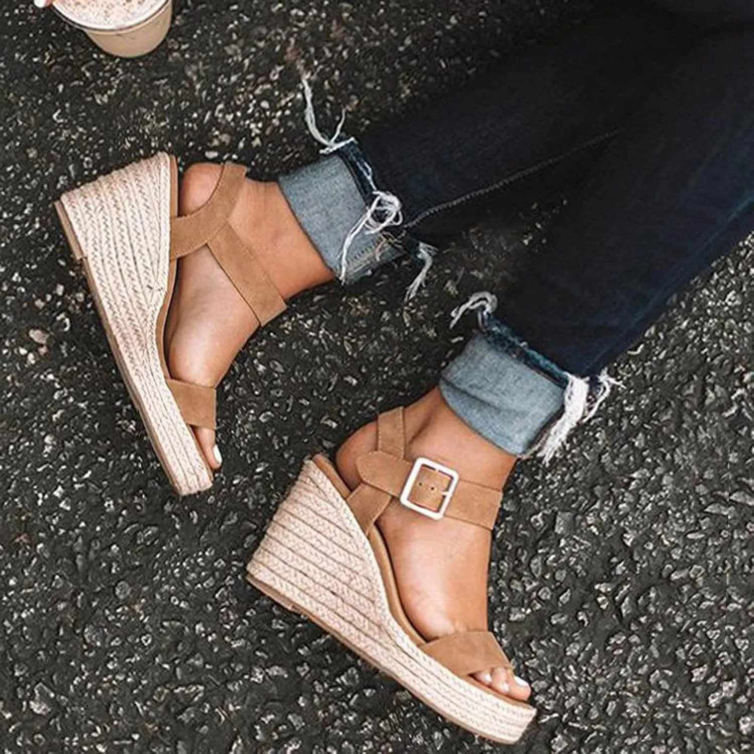 Cathalem Wedge Sandals for Women,Espadrille Sandals Women Dressy Summer Platform Ankle Buckle Sandals Summer Beach Sandals