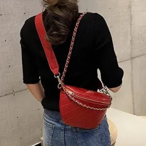 Chain Waist Bag Women Leather Belt Bags Female Fanny Pack Zipper Chest Pack Phone Pocket Water Proof (Red)