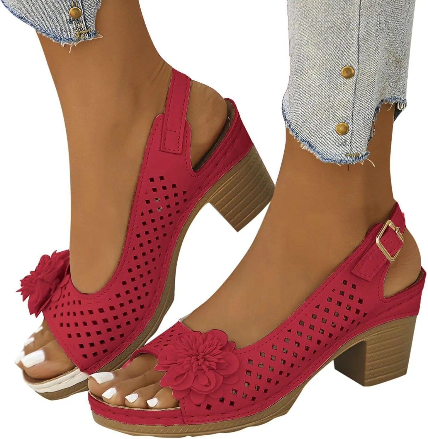 Chunky Heel Sandals for Women Comfortable Hollow Out Slip-On Sandals Open Toe Ankle Strap Chunky High Heels Lightweight Peep Flowers Sandal Beach Shoes