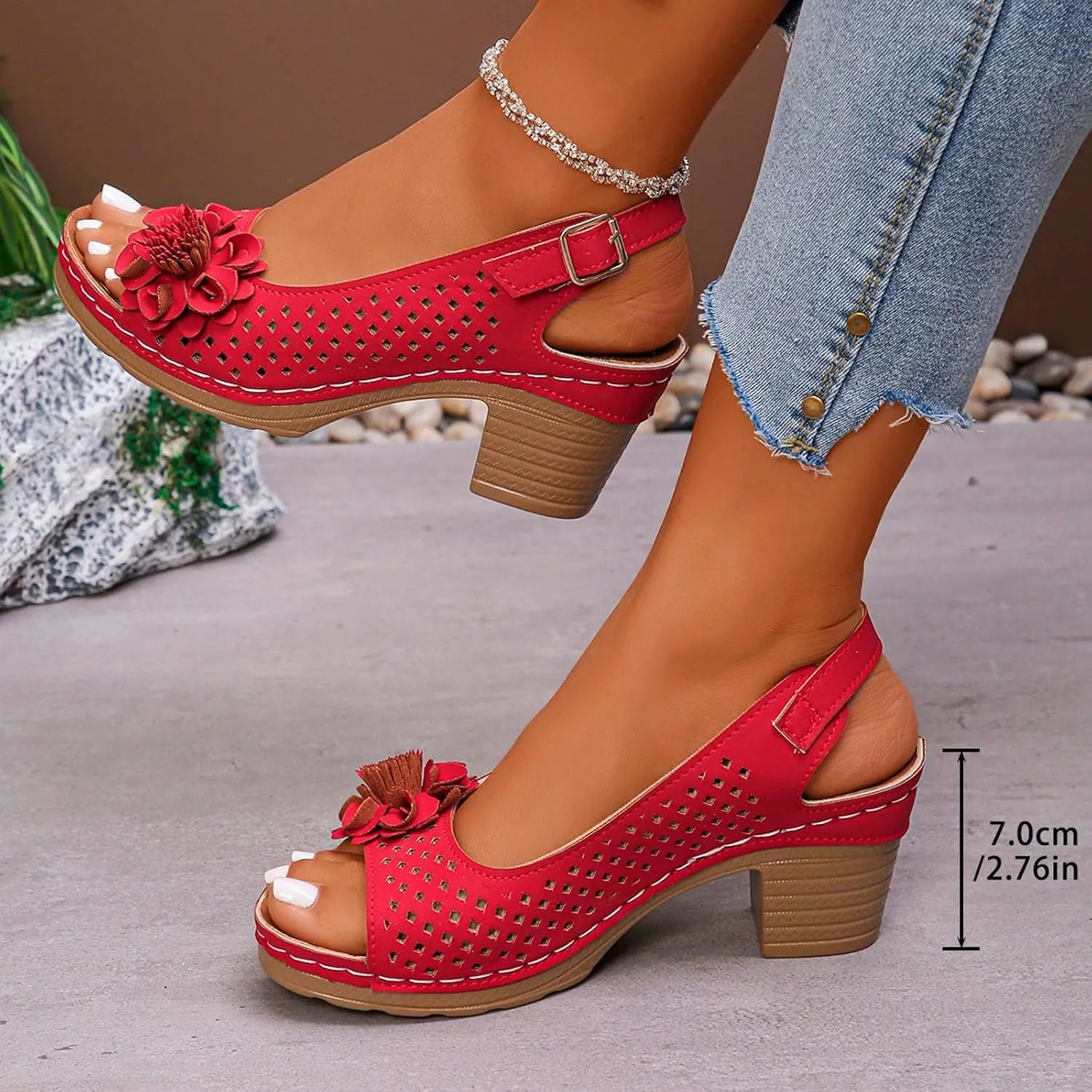 Chunky Heel Sandals for Women Comfortable Hollow Out Slip-On Sandals Open Toe Ankle Strap Chunky High Heels Lightweight Peep Flowers Sandal Beach Shoes