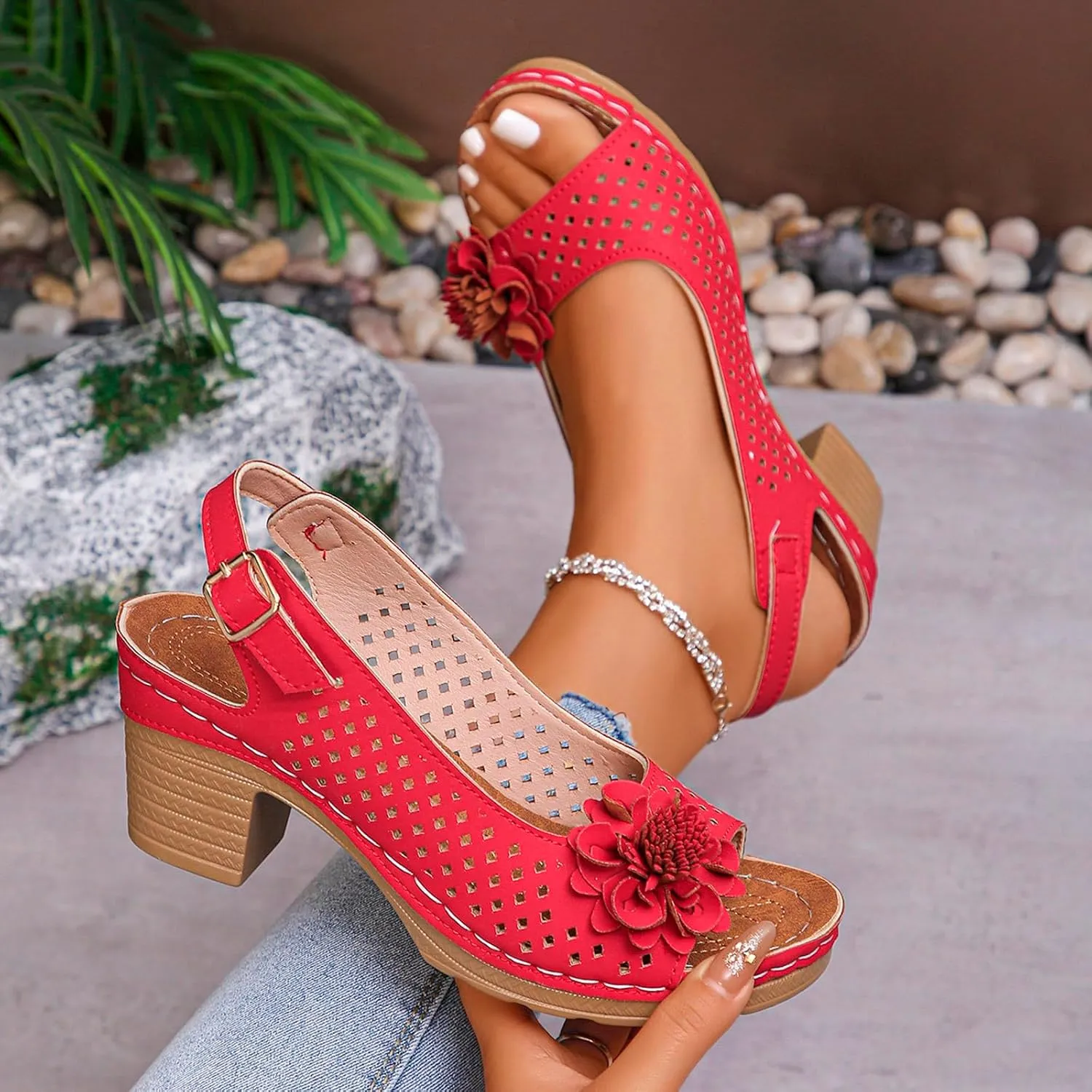 Chunky Heel Sandals for Women Comfortable Hollow Out Slip-On Sandals Open Toe Ankle Strap Chunky High Heels Lightweight Peep Flowers Sandal Beach Shoes
