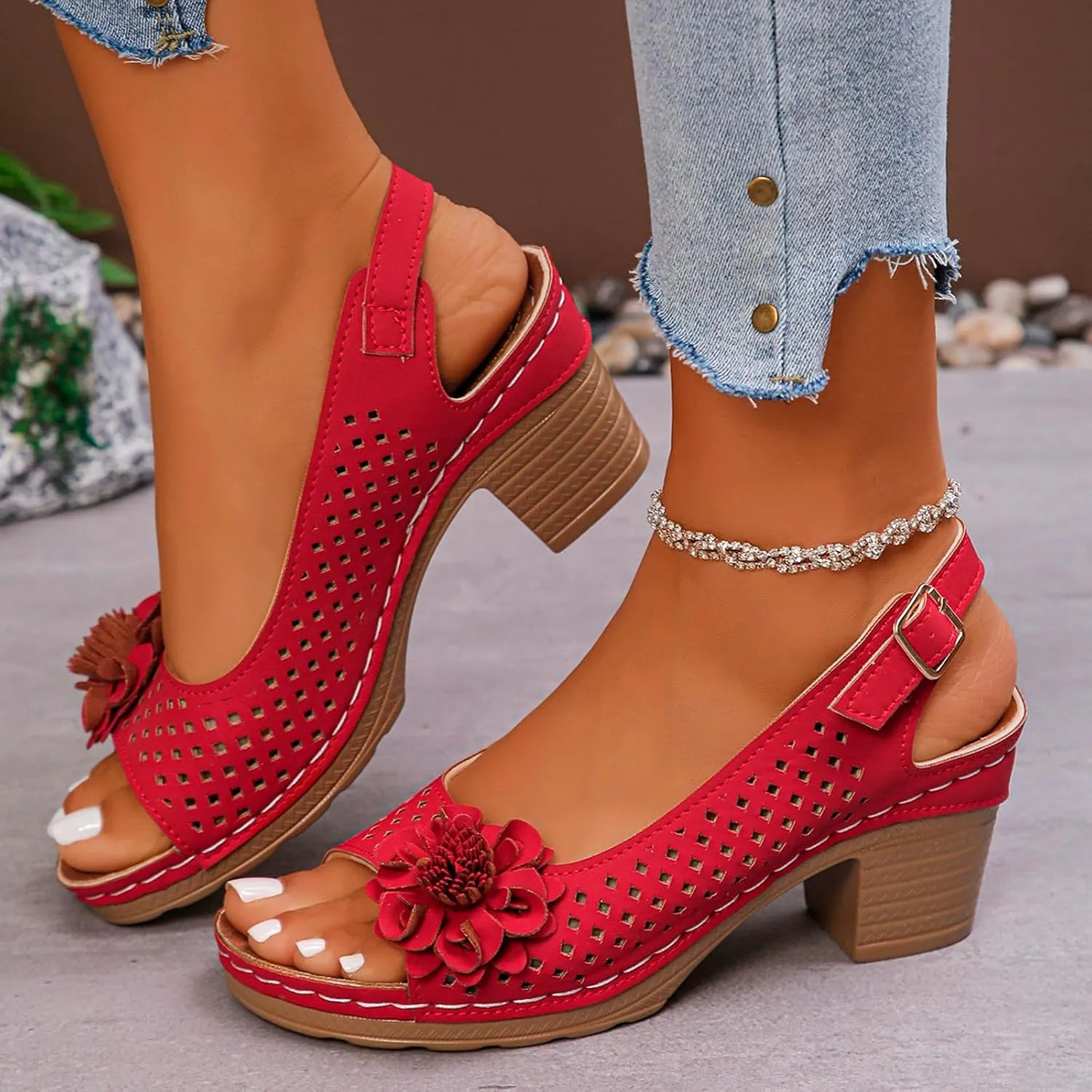 Chunky Heel Sandals for Women Comfortable Hollow Out Slip-On Sandals Open Toe Ankle Strap Chunky High Heels Lightweight Peep Flowers Sandal Beach Shoes