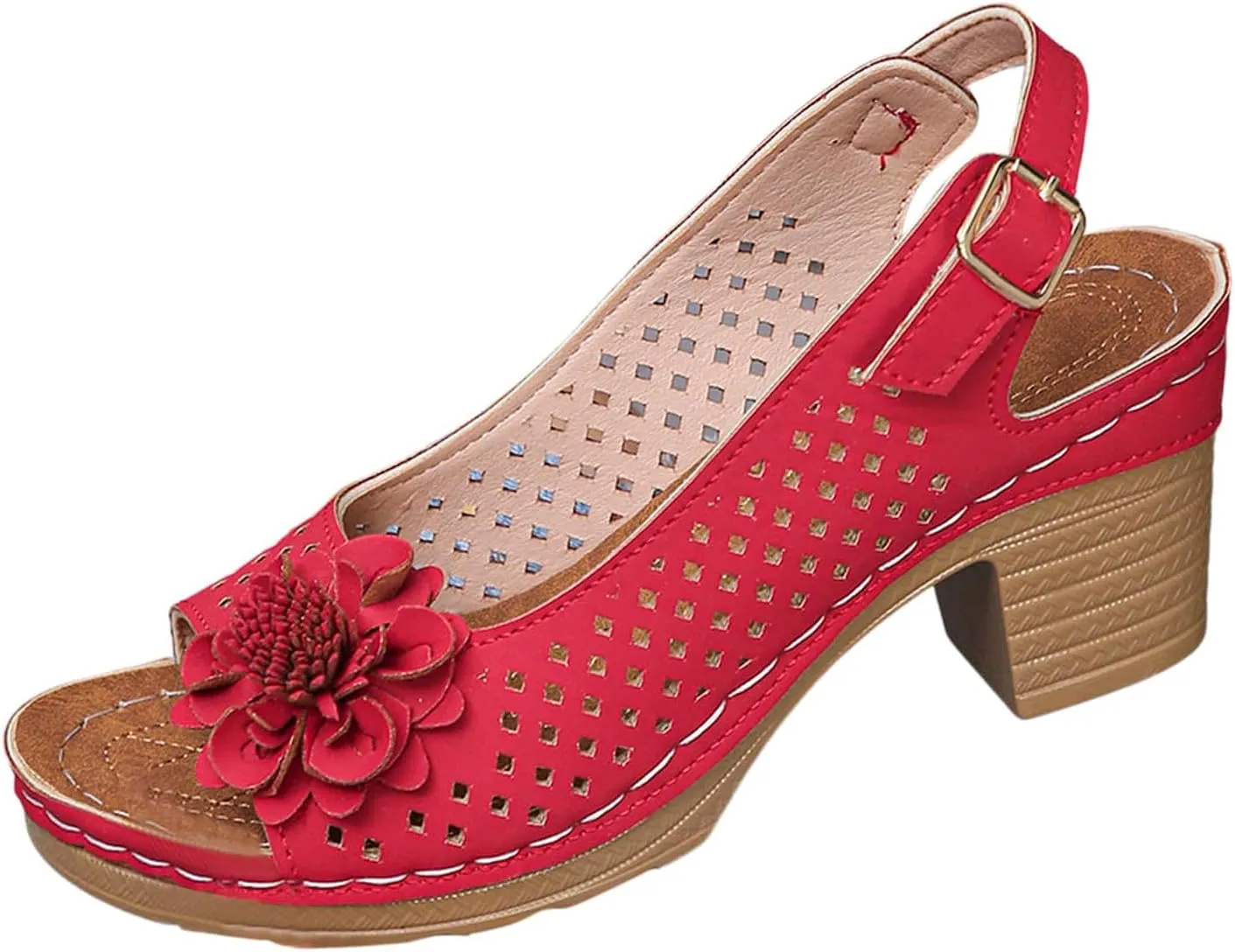 Chunky Heel Sandals for Women Comfortable Hollow Out Slip-On Sandals Open Toe Ankle Strap Chunky High Heels Lightweight Peep Flowers Sandal Beach Shoes