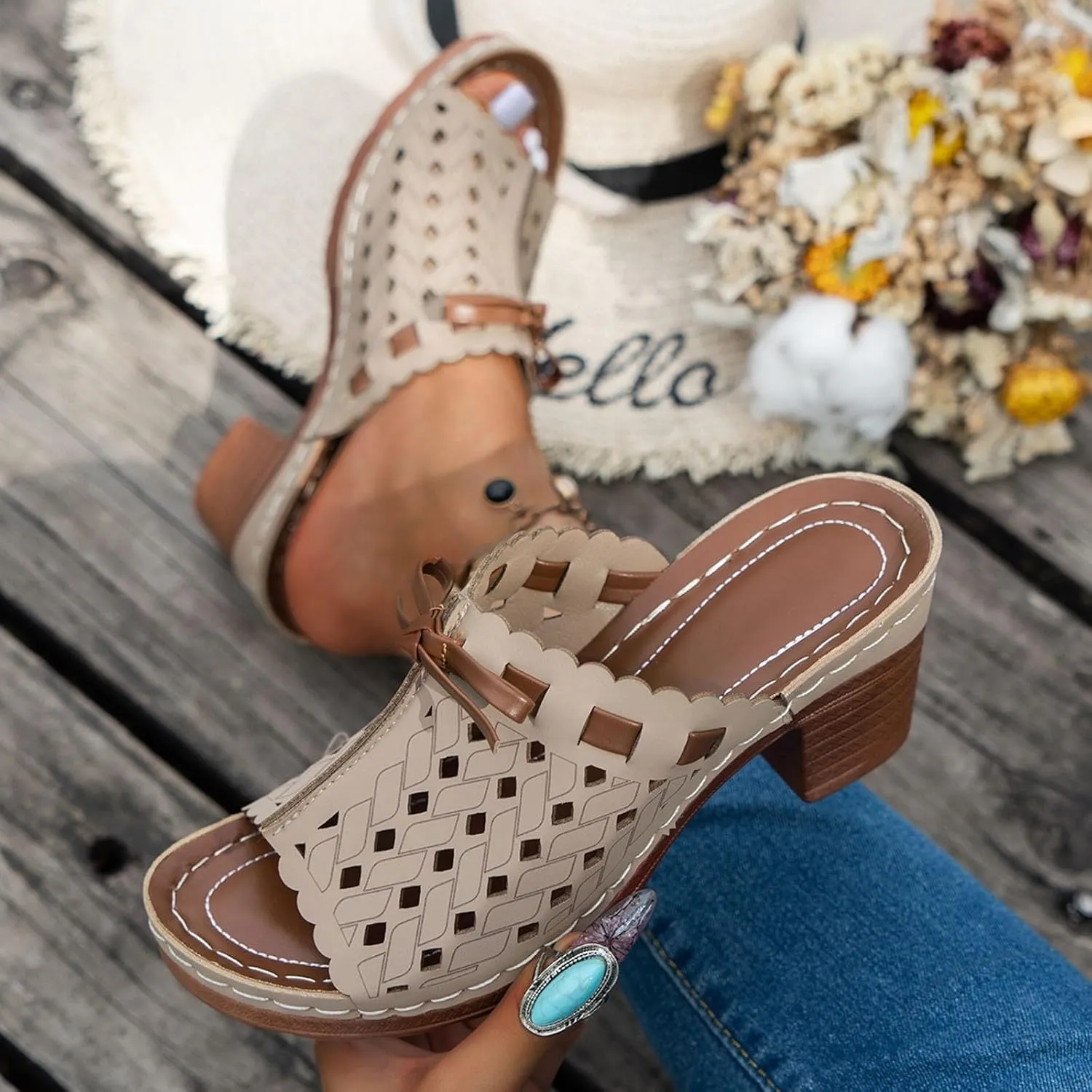 Chunky Heel Sandals for Women Dressy Wedges Slip On Orthopedic Wedge Sandals for Women Comfortable Breathable Fishmouth Vacation Beach Chunky Heels Summer Shoes