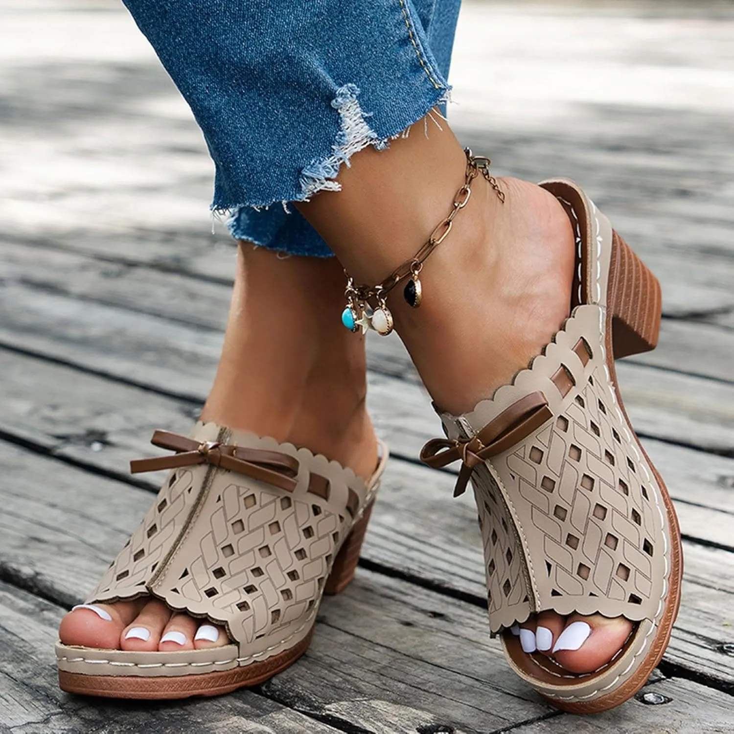Chunky Heel Sandals for Women Dressy Wedges Slip On Orthopedic Wedge Sandals for Women Comfortable Breathable Fishmouth Vacation Beach Chunky Heels Summer Shoes