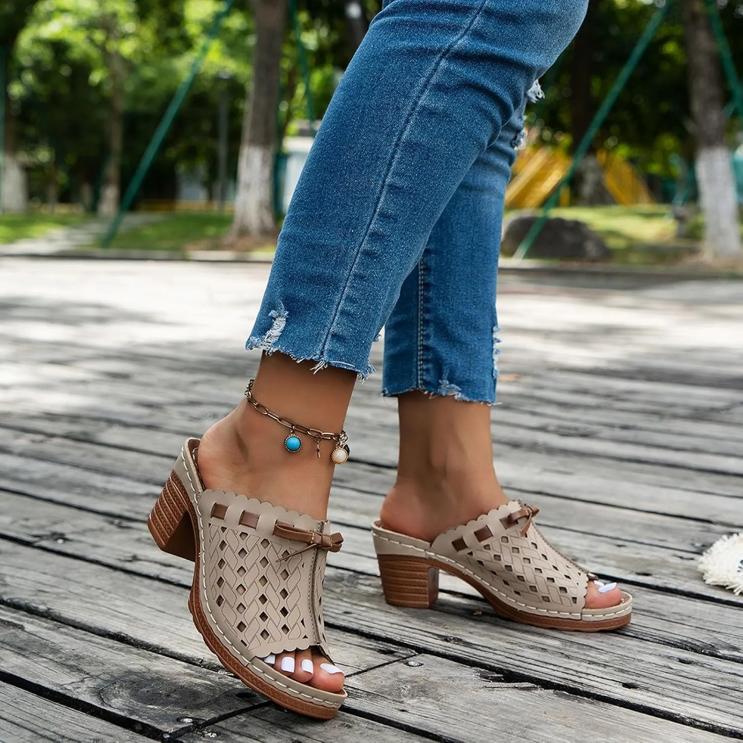 Chunky Heel Sandals for Women Dressy Wedges Slip On Orthopedic Wedge Sandals for Women Comfortable Breathable Fishmouth Vacation Beach Chunky Heels Summer Shoes