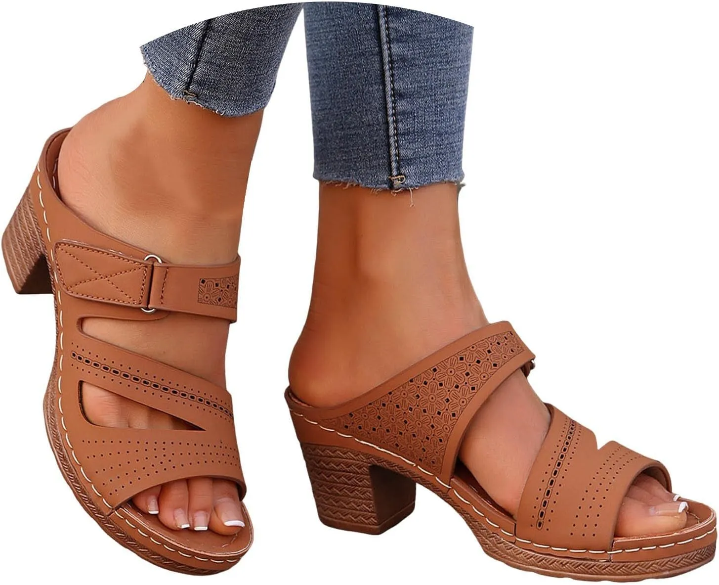 Chunky Platform Heeled Sandals for Women 2025,Open Toe Slip On Block Womens Mid Heels Ankle Strap Slippers Casual Comfortable Summer Backless Mules Adjustable Slide Walking Shoes