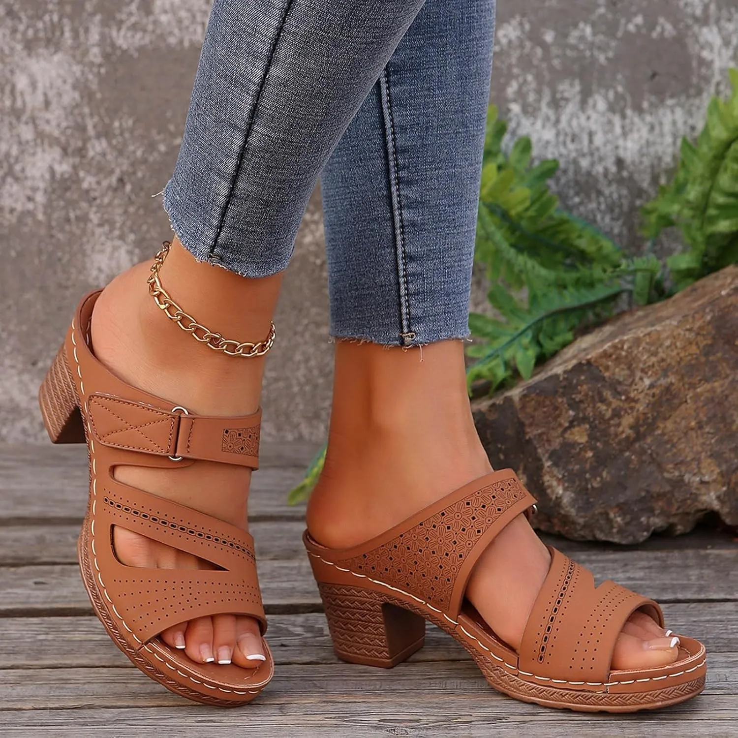 Chunky Platform Heeled Sandals for Women 2025,Open Toe Slip On Block Womens Mid Heels Ankle Strap Slippers Casual Comfortable Summer Backless Mules Adjustable Slide Walking Shoes