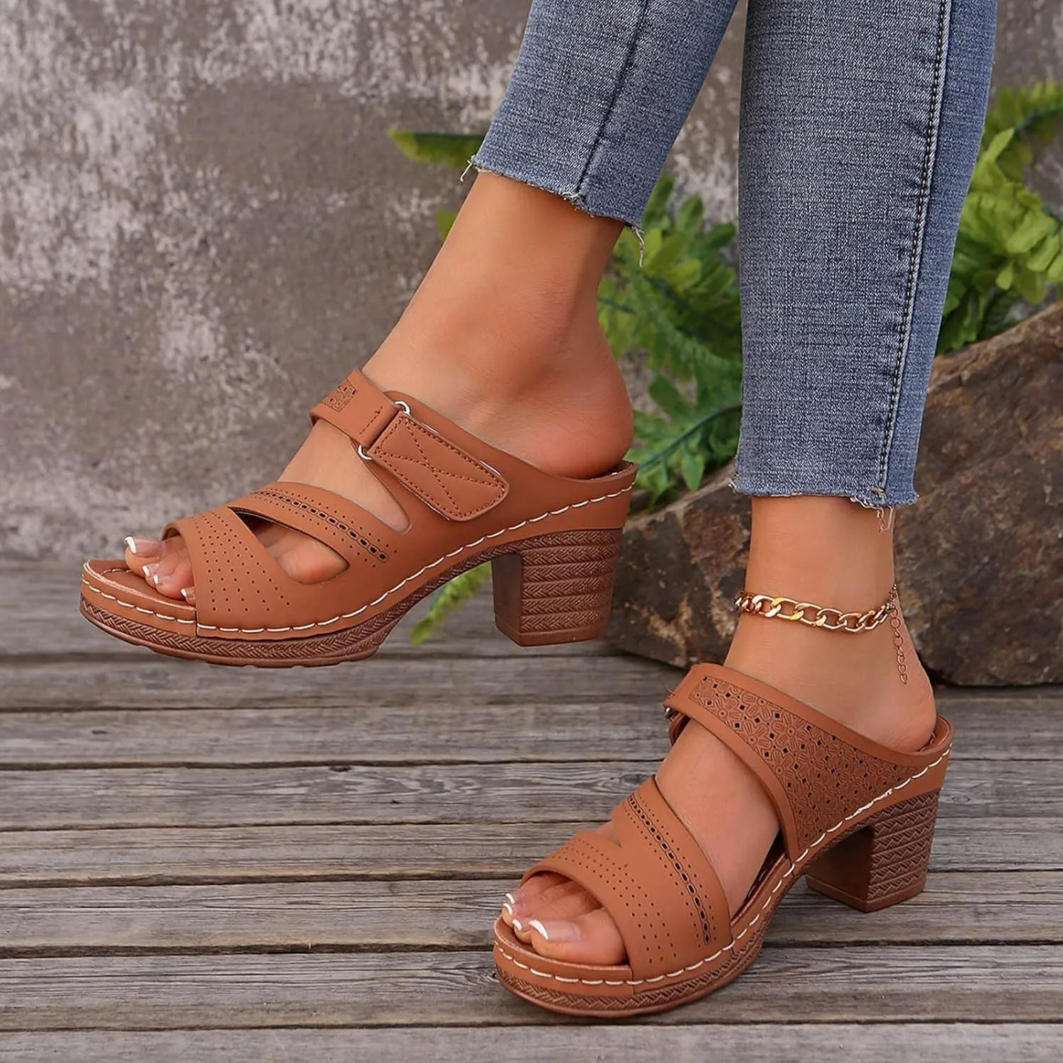 Chunky Platform Heeled Sandals for Women 2025,Open Toe Slip On Block Womens Mid Heels Ankle Strap Slippers Casual Comfortable Summer Backless Mules Adjustable Slide Walking Shoes